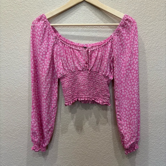 H&M Tops - H&M Women's Pink Floral Smocked Long Sleeve Peasant Top Size XS